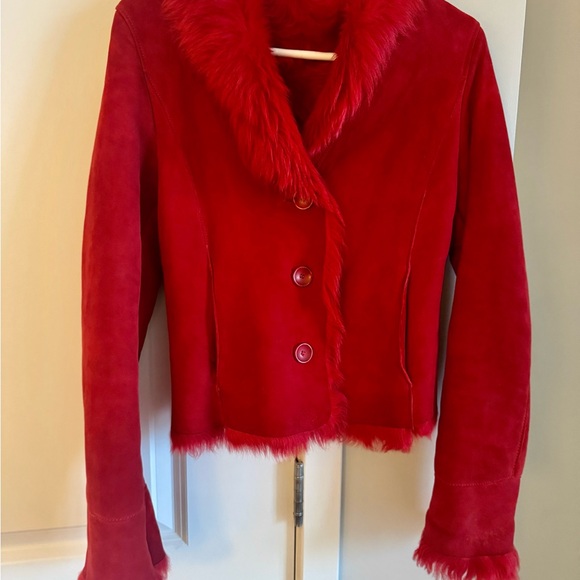 Red Shearling Jacket with Real Fur Lining & Trim - Picture 2 of 9